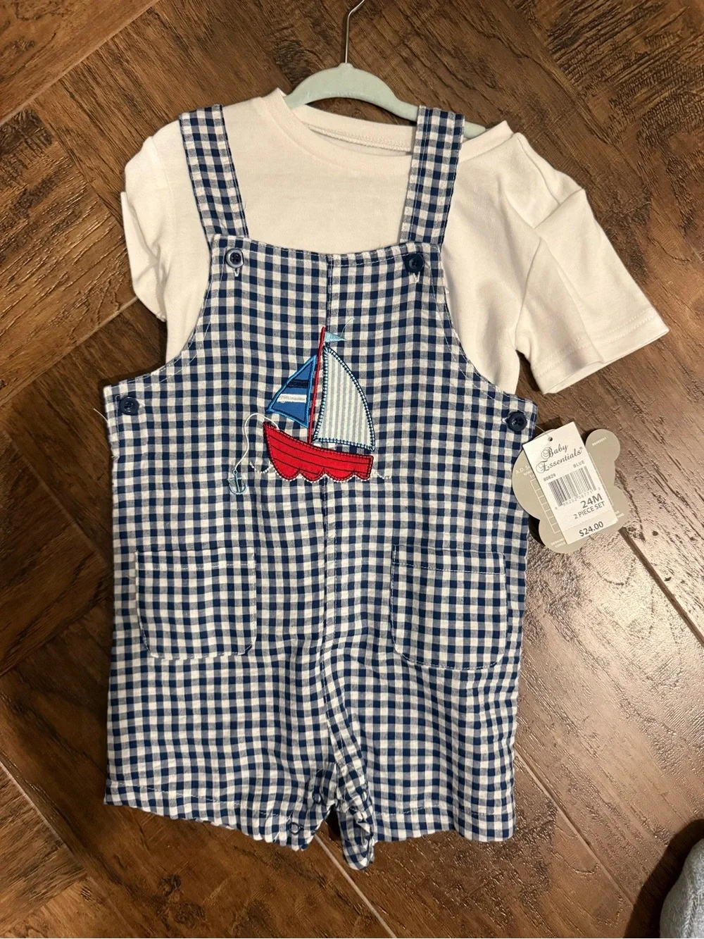 Gingham Sailboat Embroidered Baby Romper - Blue & White